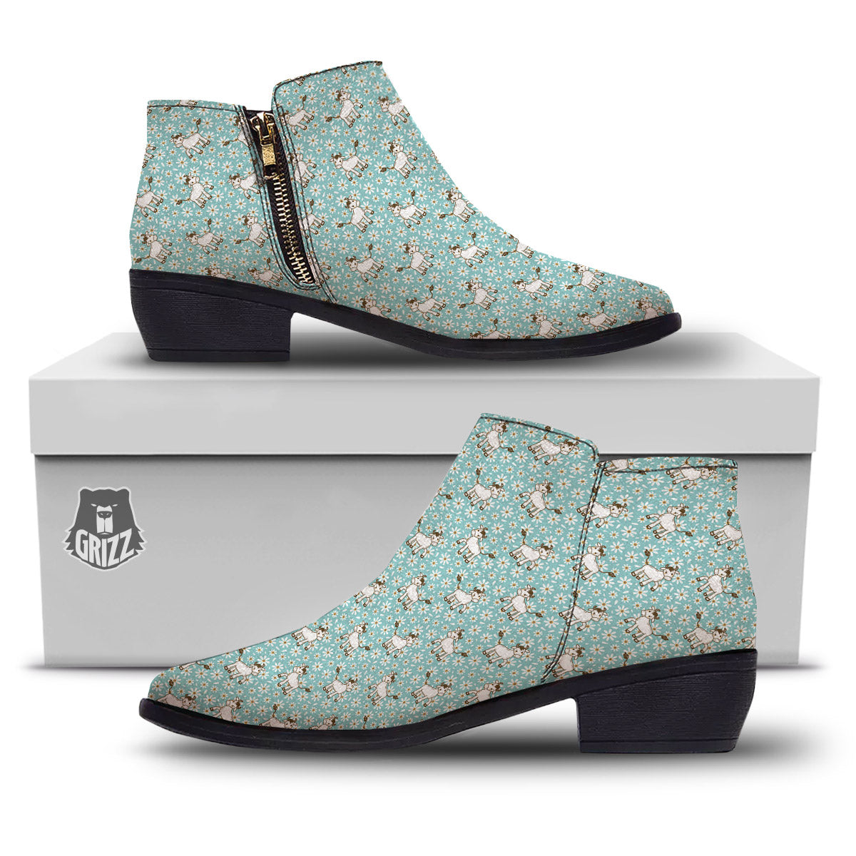 Cow And Cartoon Daisy Print Pattern Ankle Boots-grizzshop