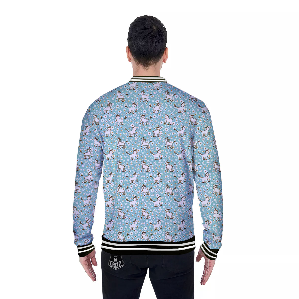 Cow And Cartoon Daisy Print Pattern Baseball Jacket-grizzshop