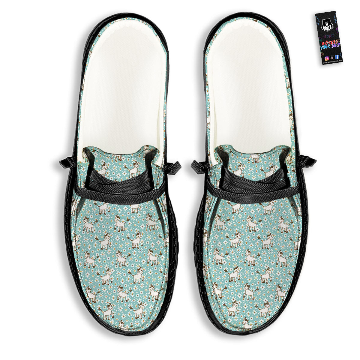 Cow And Cartoon Daisy Print Pattern Black Loafers-grizzshop