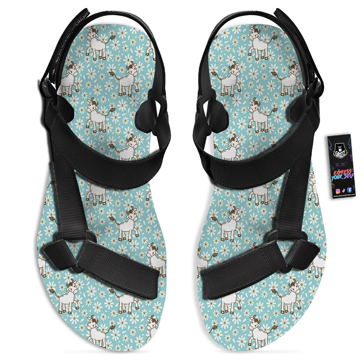 Cow And Cartoon Daisy Print Pattern Black Open Toe Sandals-grizzshop