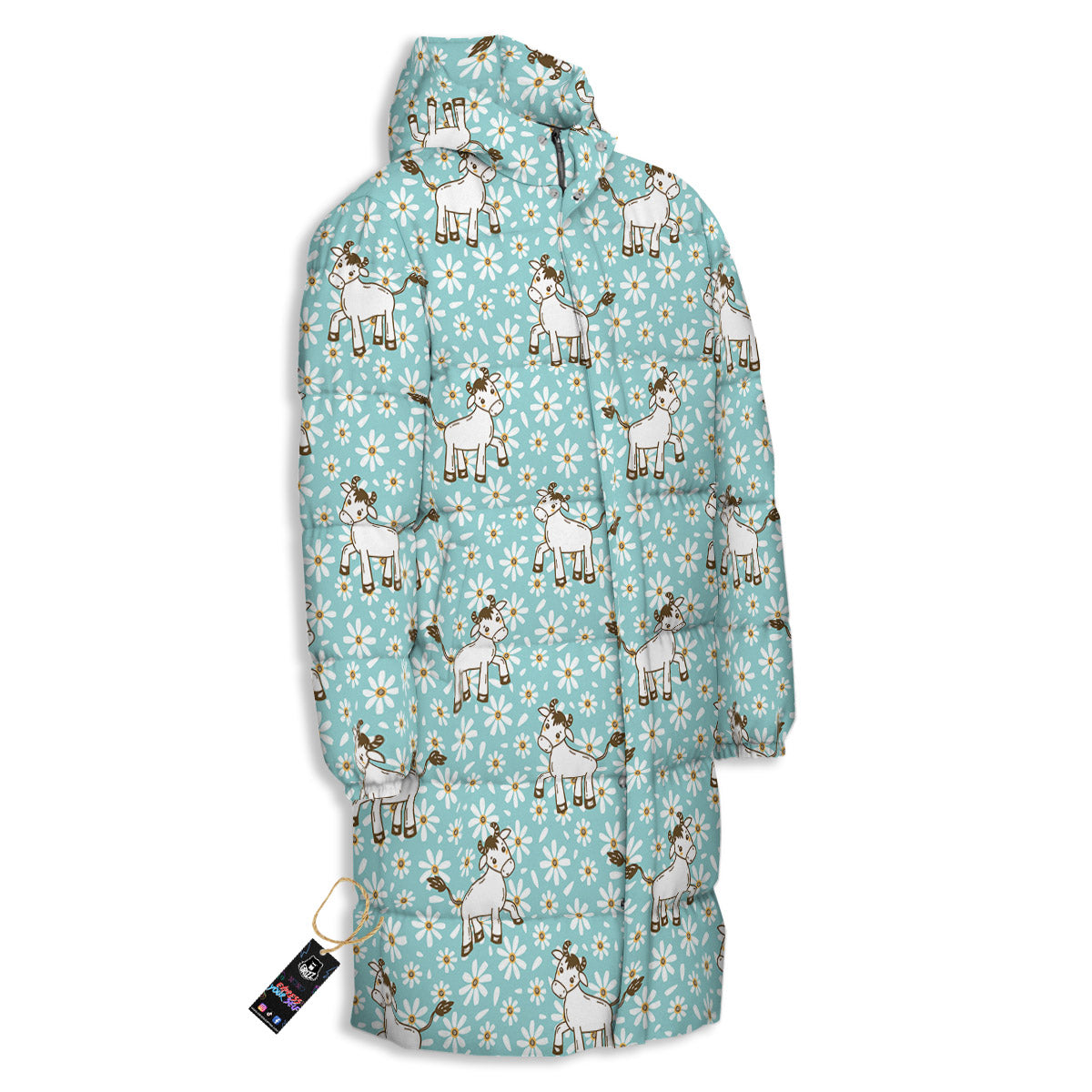 Cow And Cartoon Daisy Print Pattern Long Down Jacket-grizzshop