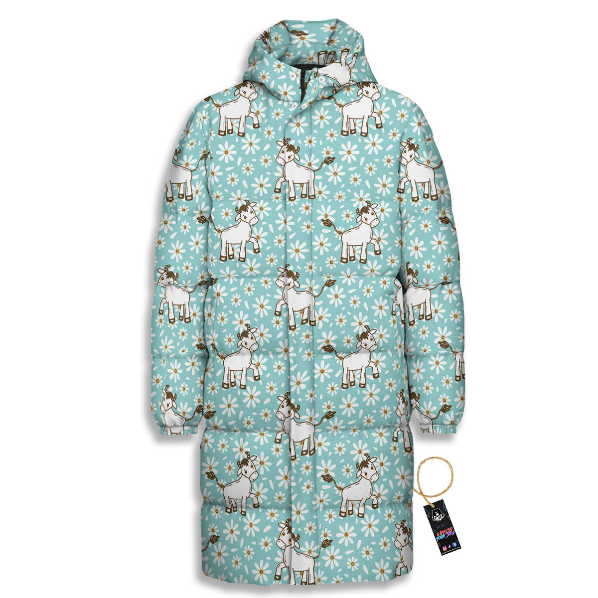 Cow And Cartoon Daisy Print Pattern Long Down Jacket-grizzshop