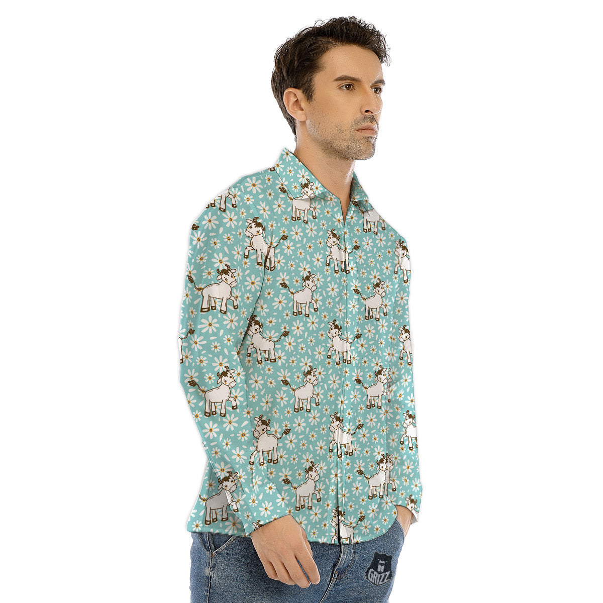Cow And Cartoon Daisy Print Pattern Men's Dress Shirts-grizzshop