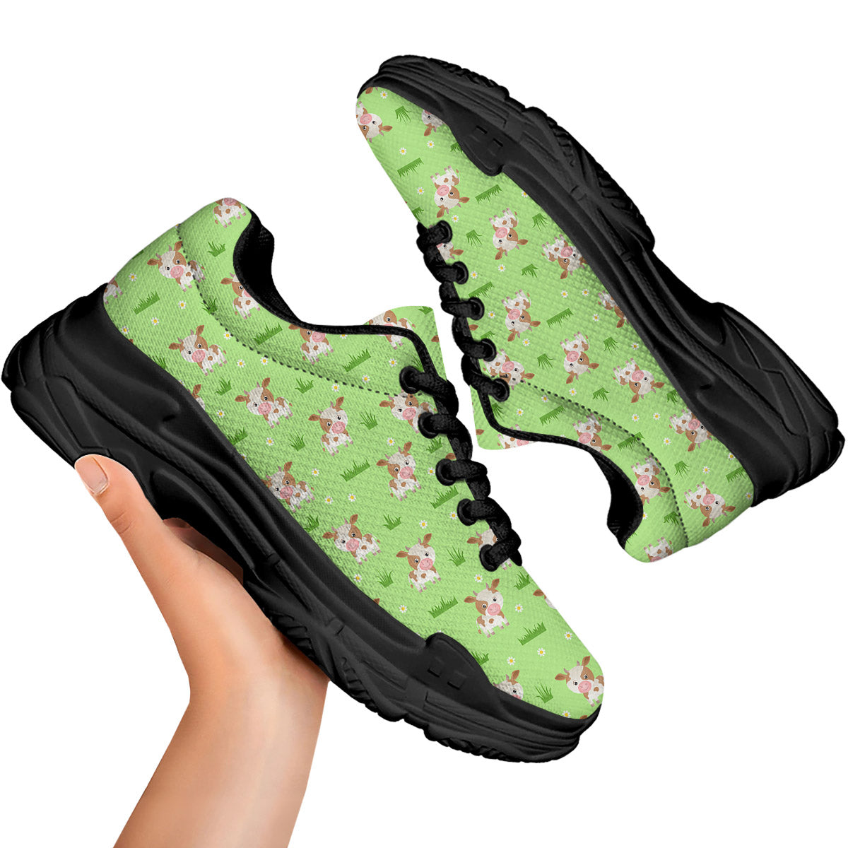 Cow And Green Grass Print Pattern Black Chunky Shoes-grizzshop
