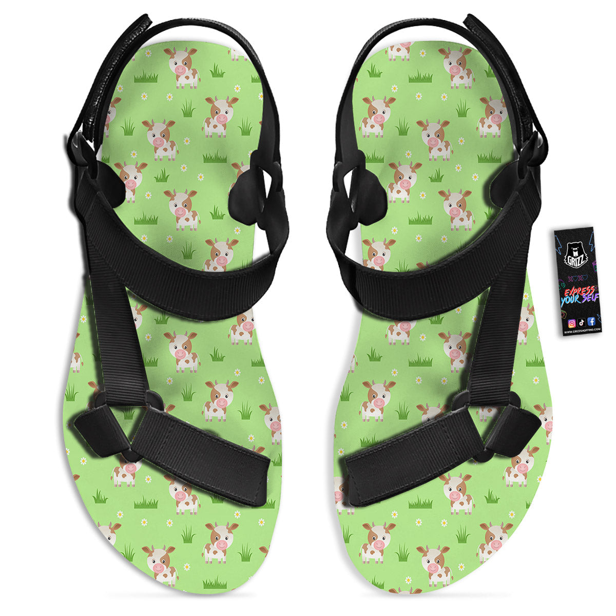 Cow And Green Grass Print Pattern Black Open Toe Sandals-grizzshop