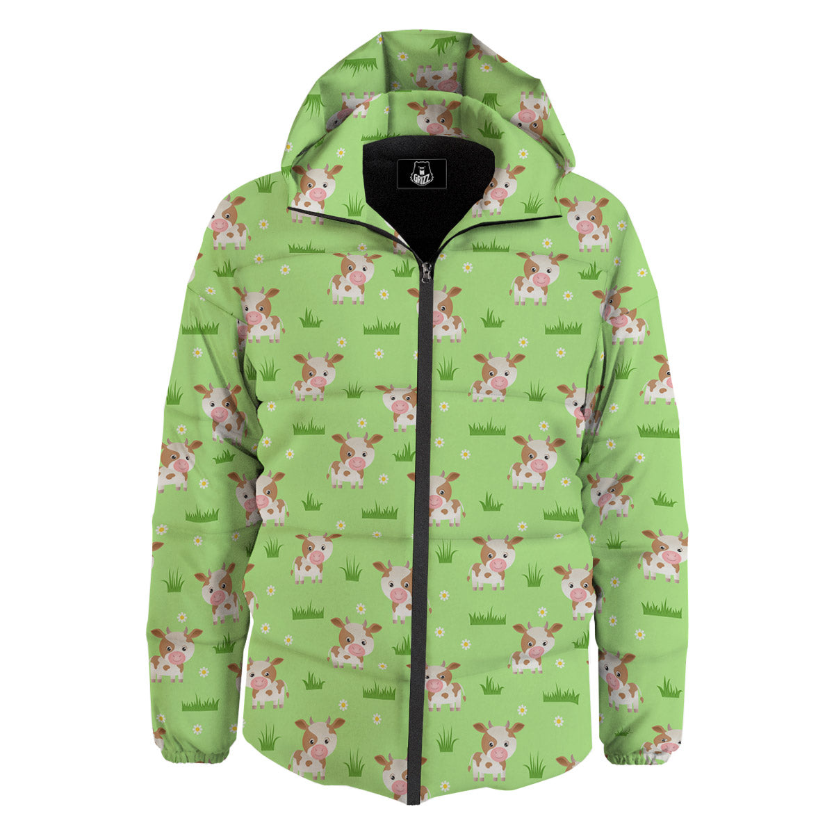 Cow And Green Grass Print Pattern Down Jacket-grizzshop