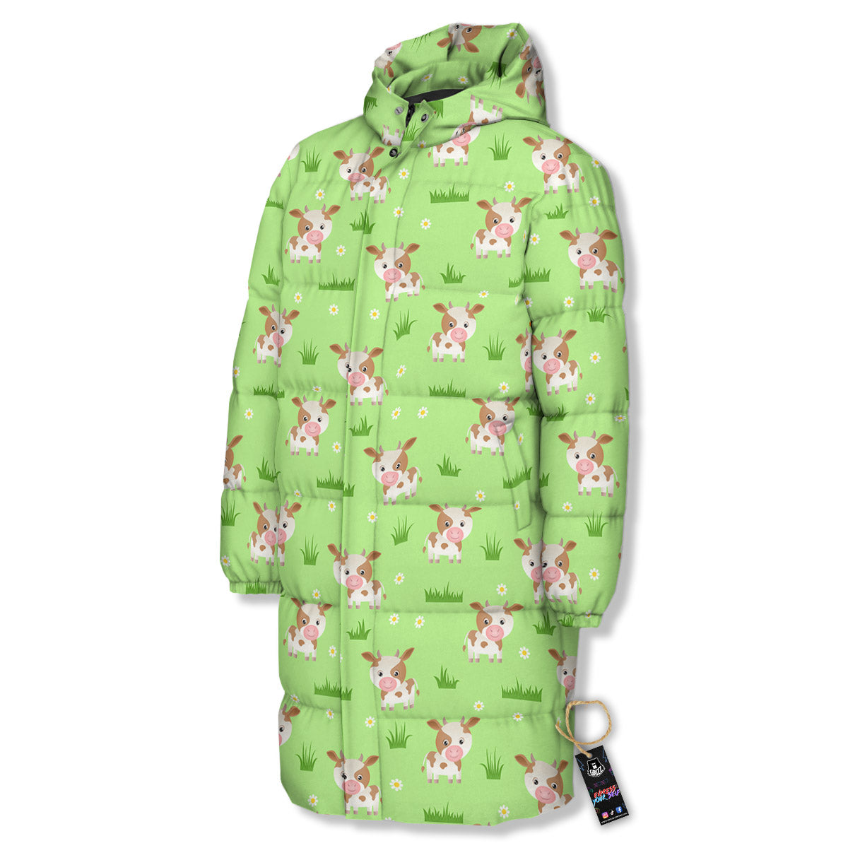 Cow And Green Grass Print Pattern Long Down Jacket-grizzshop