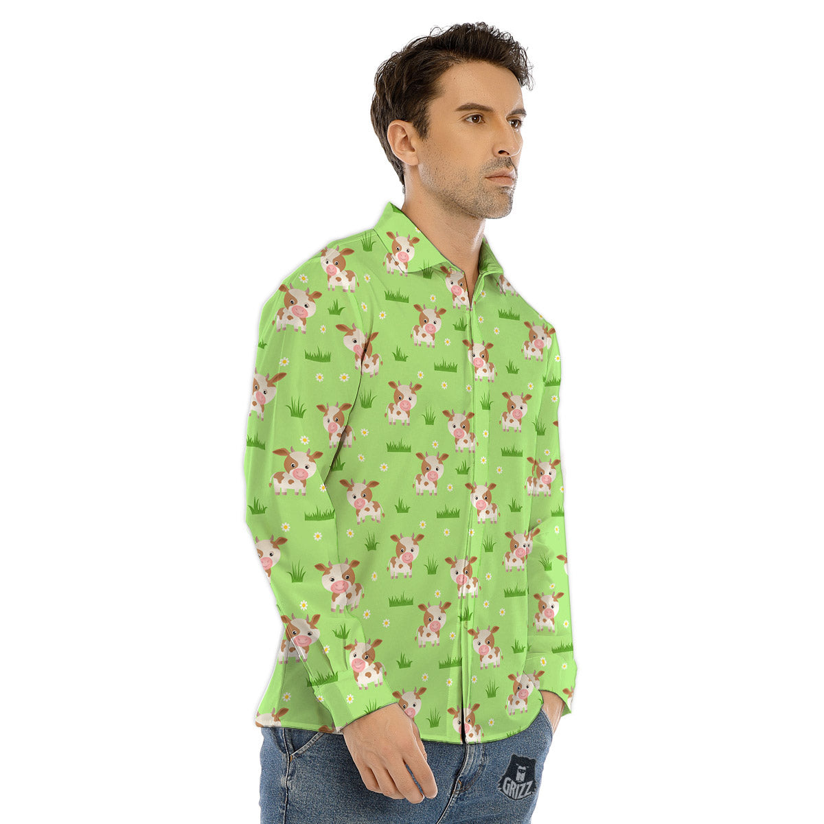 Cow And Green Grass Print Pattern Men's Dress Shirts-grizzshop