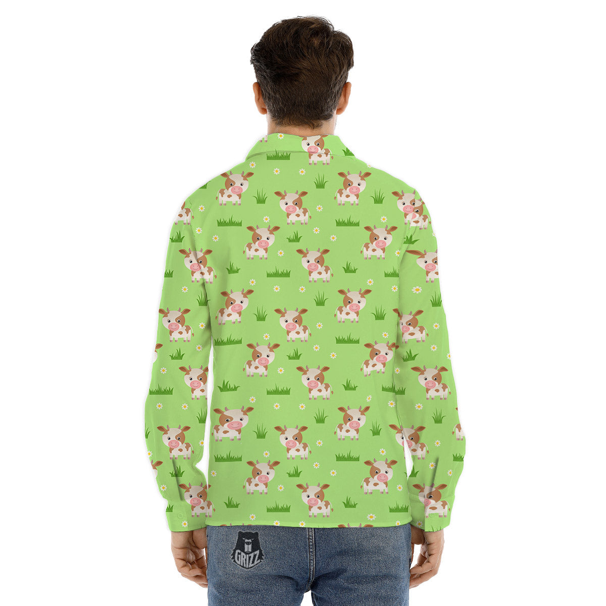 Cow And Green Grass Print Pattern Men's Dress Shirts-grizzshop
