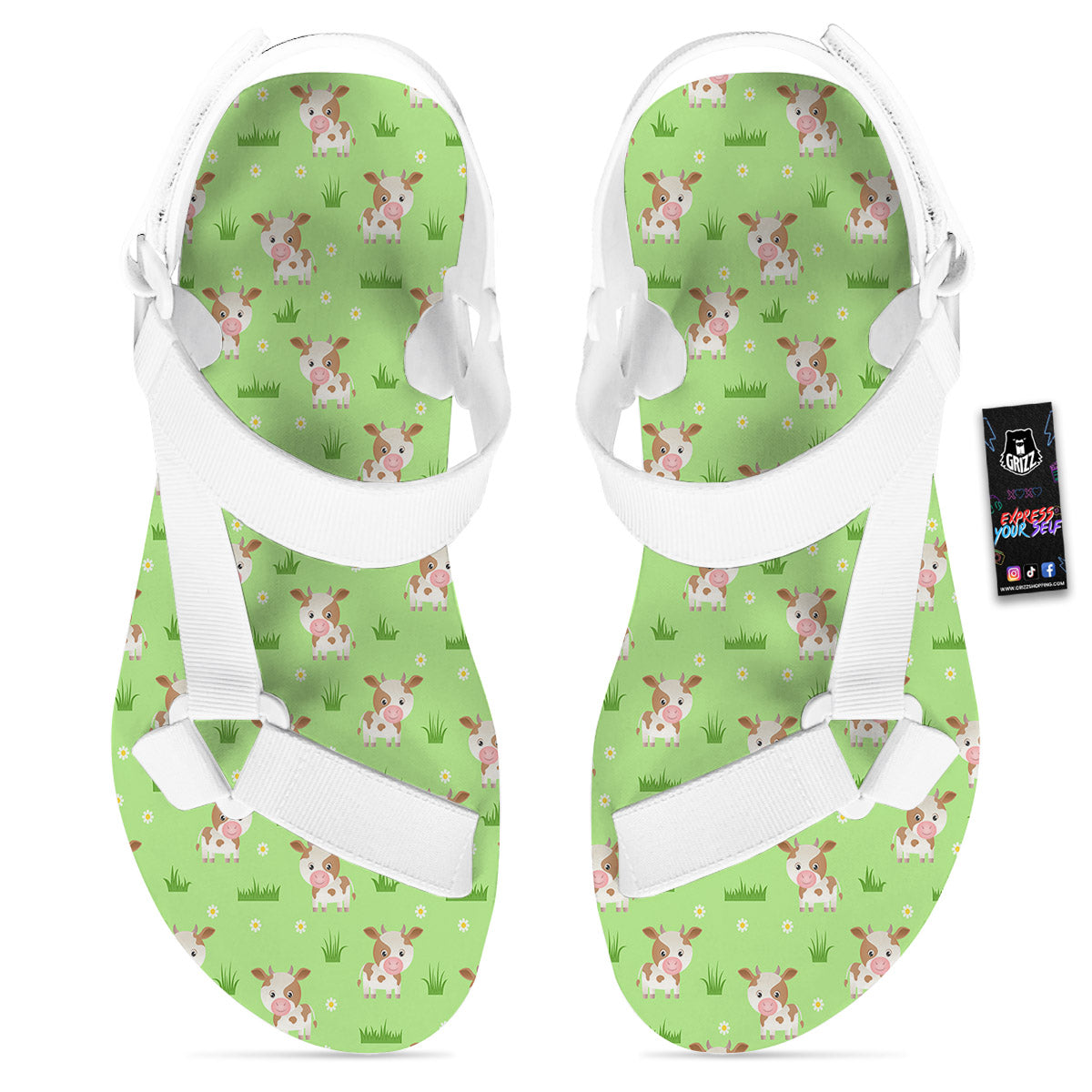 Cow And Green Grass Print Pattern White Open Toe Sandals-grizzshop