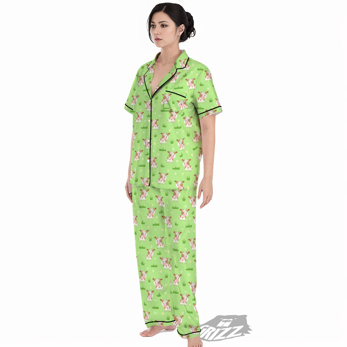 Cow And Green Grass Print Pattern Women's Pajamas Set-grizzshop