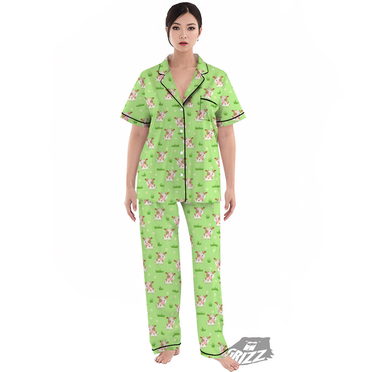 Cow And Green Grass Print Pattern Women's Pajamas Set-grizzshop