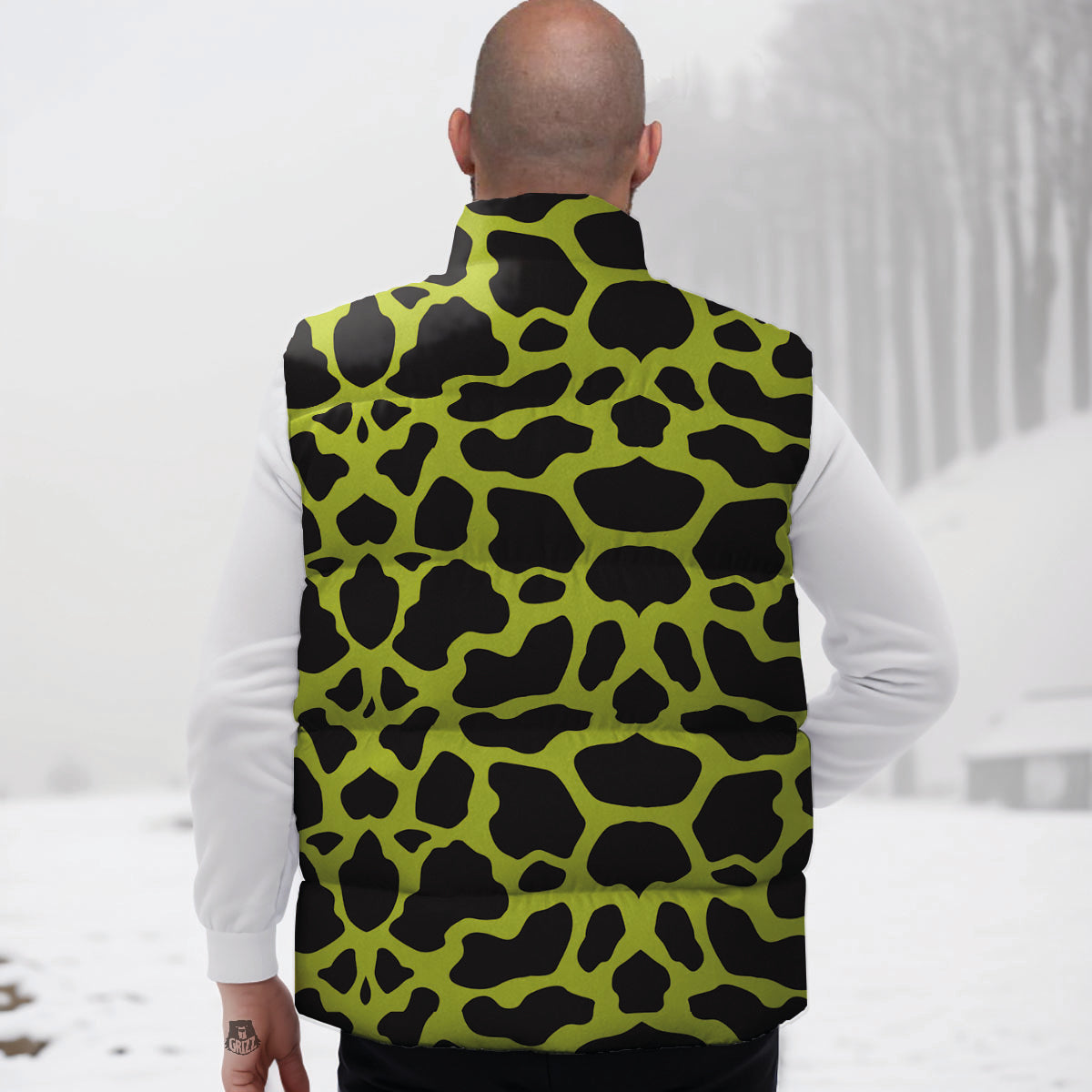 Cow Black And Lime Green Print Pattern Down Vest