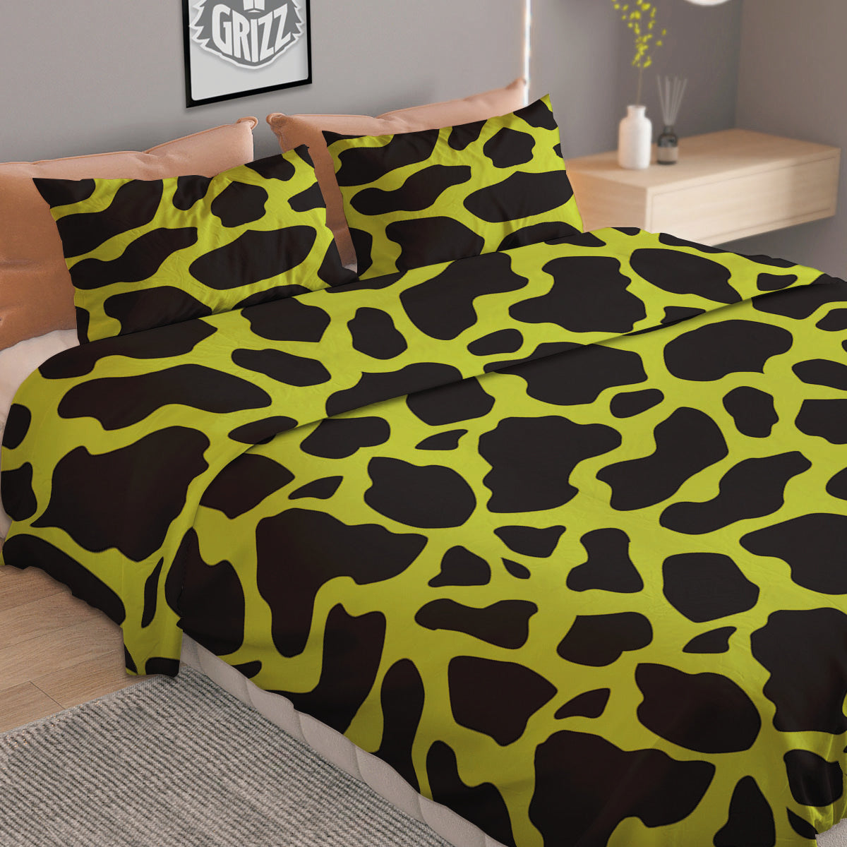 Cow Black And Lime Green Print Pattern Duvet Cover Bedding Set