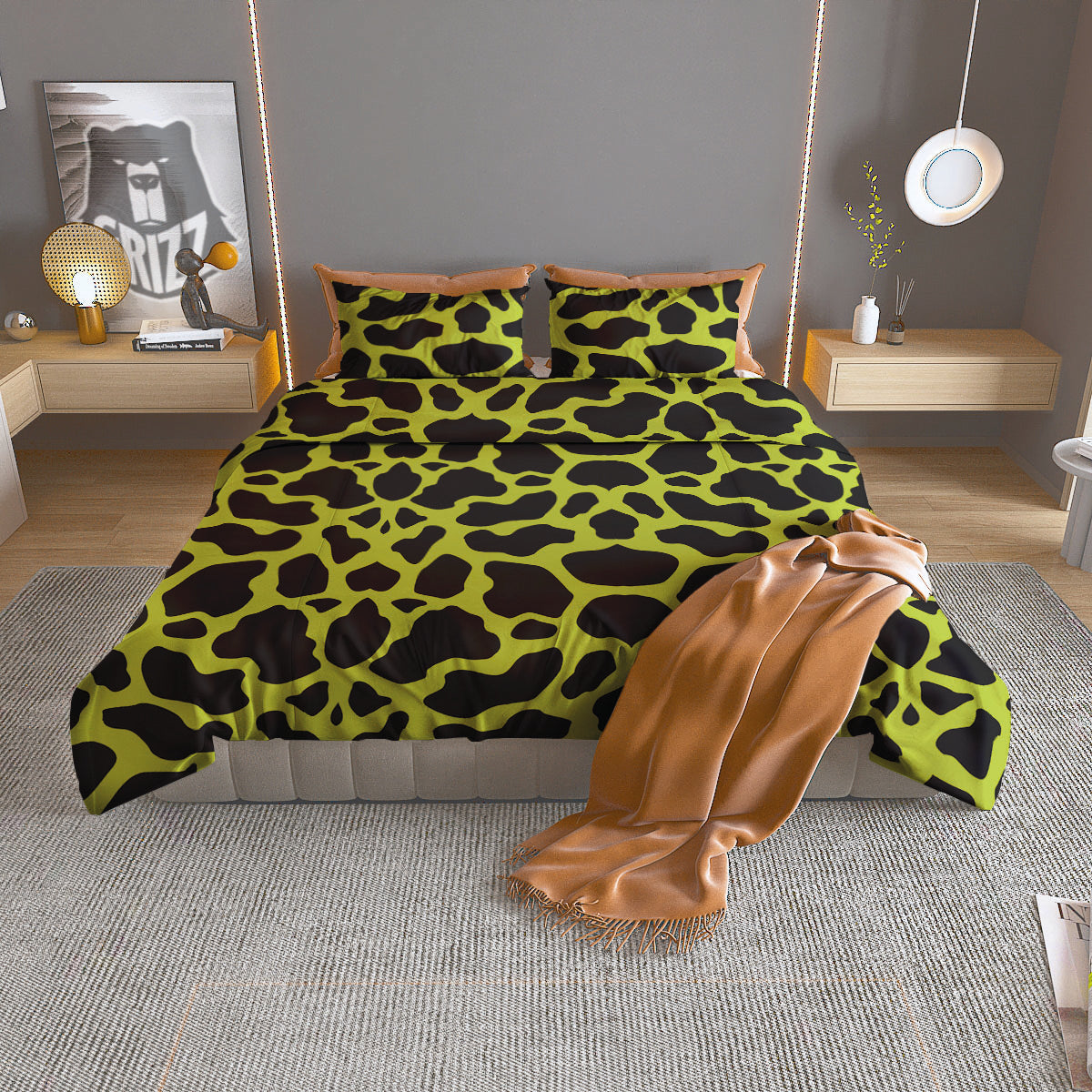 Cow Black And Lime Green Print Pattern Duvet Cover Bedding Set