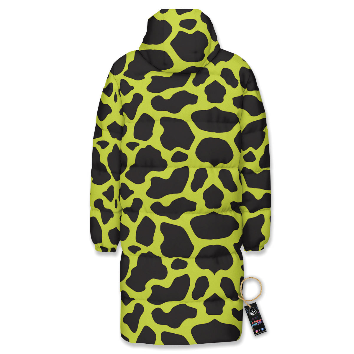 Cow Black And Lime Green Print Pattern Long Down Jacket-grizzshop