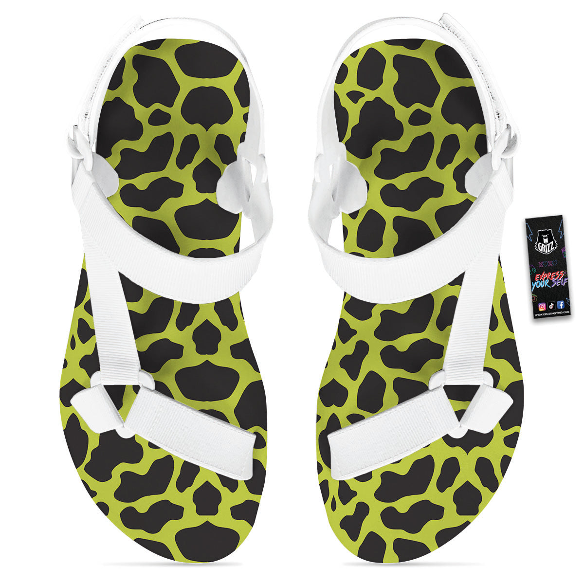 Cow Black And Lime Green Print Pattern White Open Toe Sandals-grizzshop