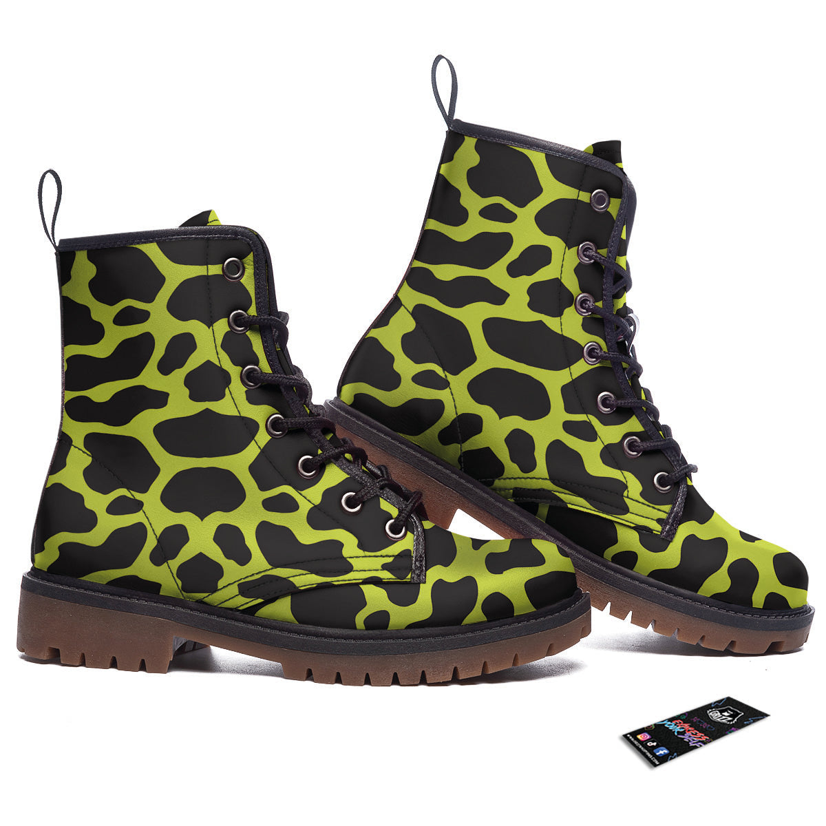 Cow Black And Lime Green Print Pattern Work Boots-grizzshop