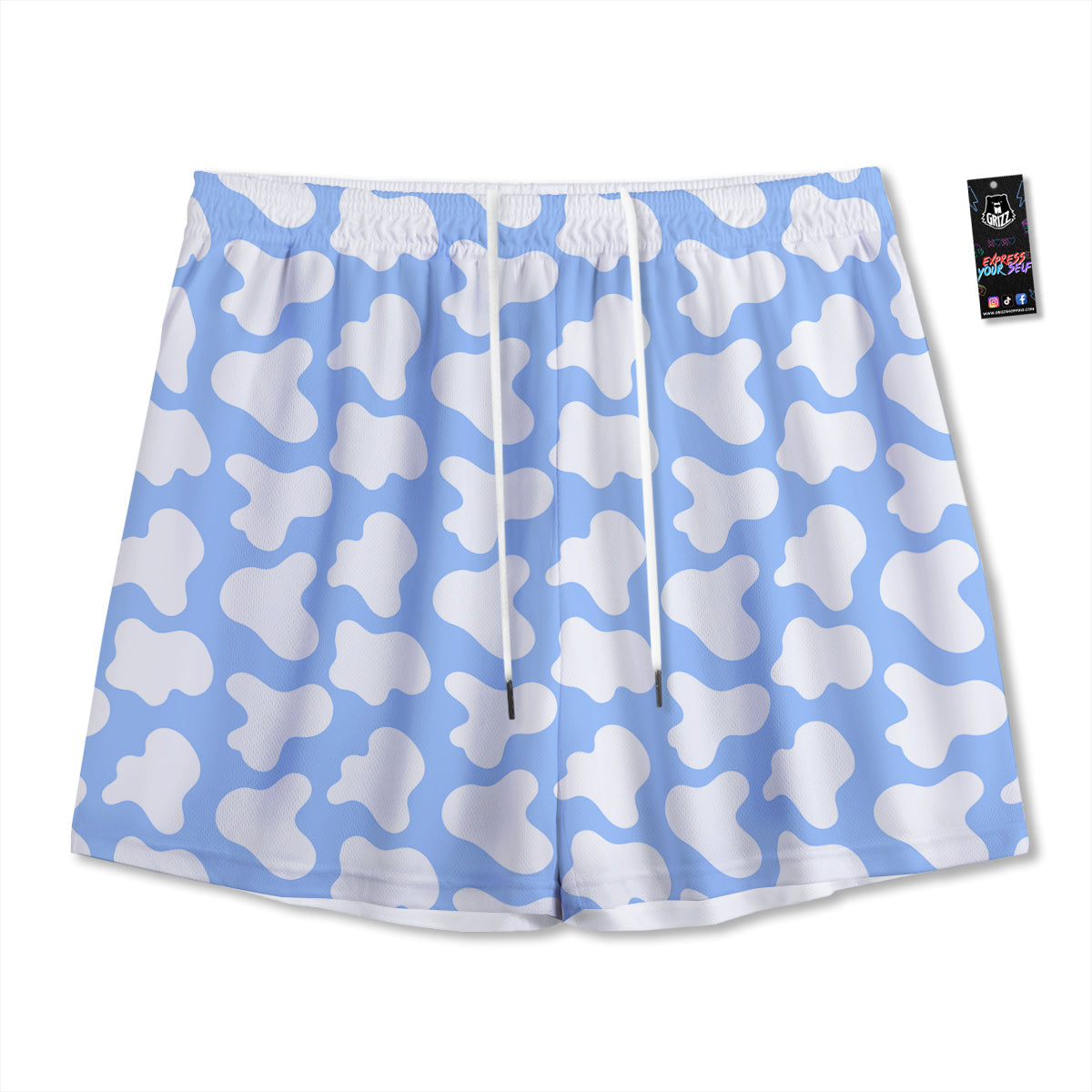 Cow Blue And White Print Pattern Mesh Shorts