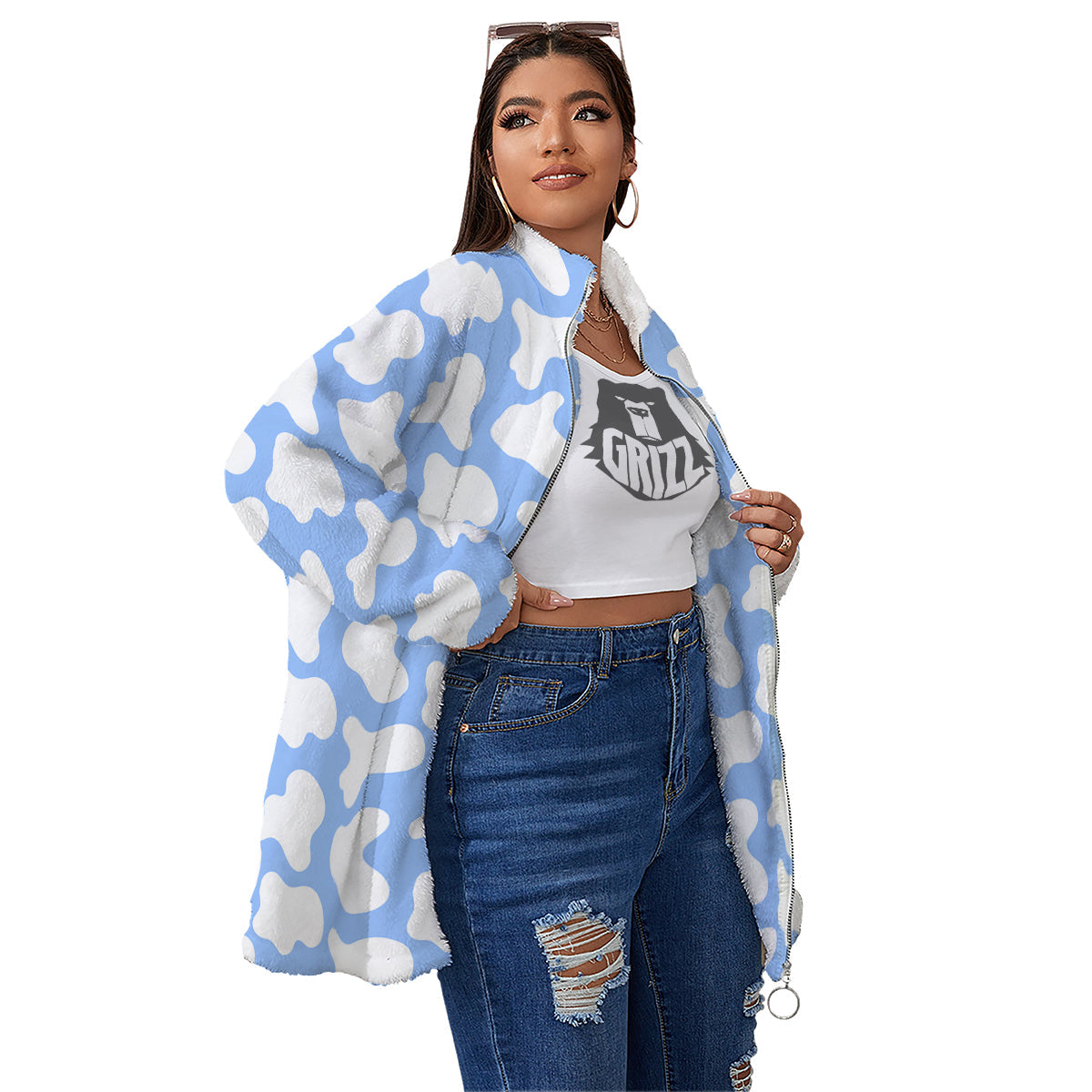 Cow Blue And White Print Pattern Women's Sherpa Jacket-grizzshop