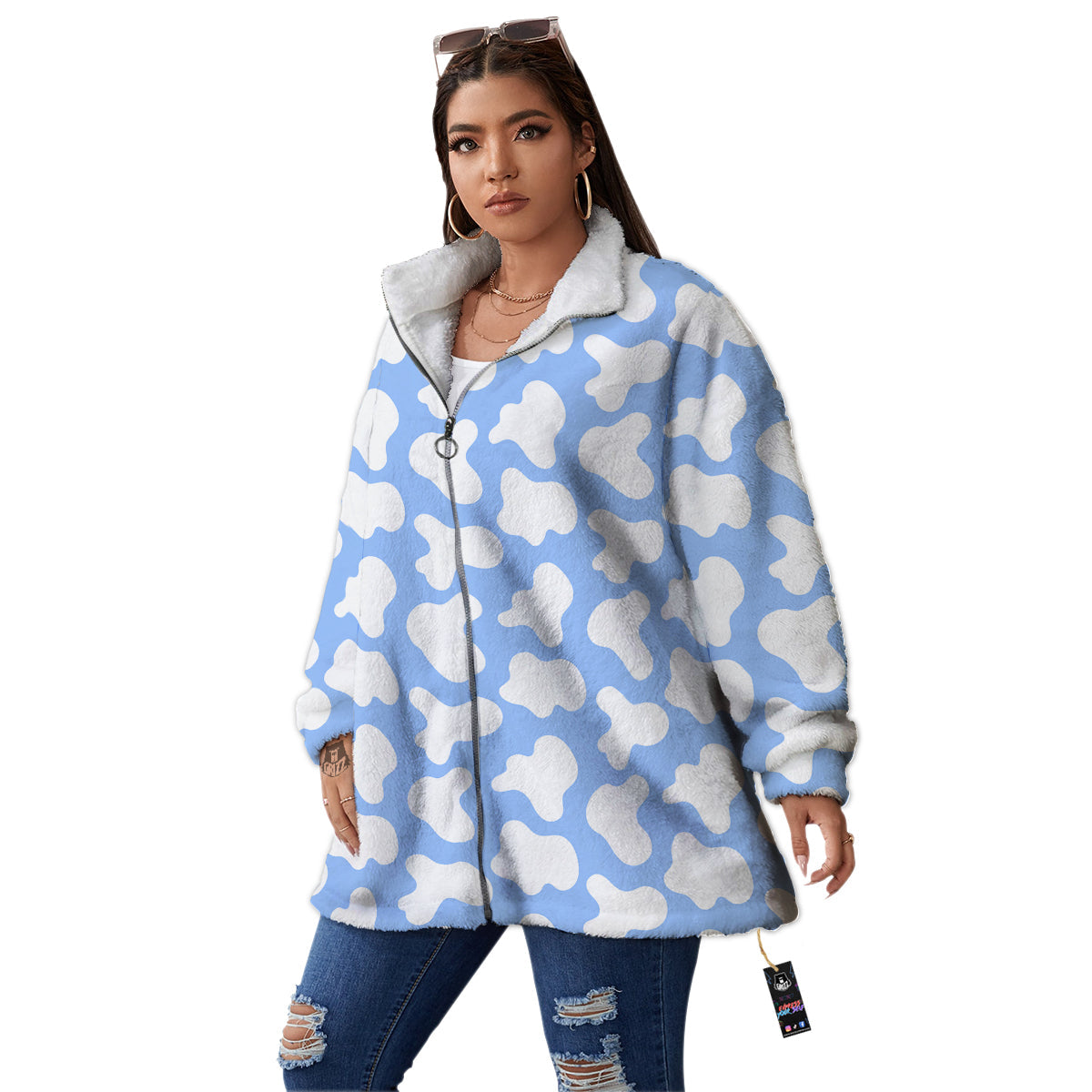 Cow Blue And White Print Pattern Women's Sherpa Jacket-grizzshop