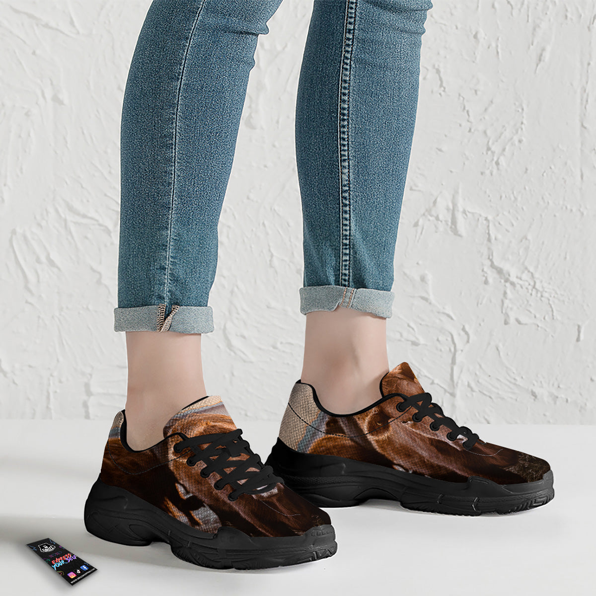 Cow Brown Print Black Chunky Shoes-grizzshop