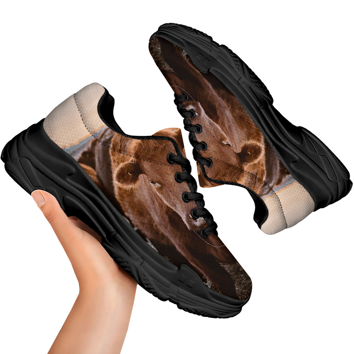 Cow Brown Print Black Chunky Shoes-grizzshop