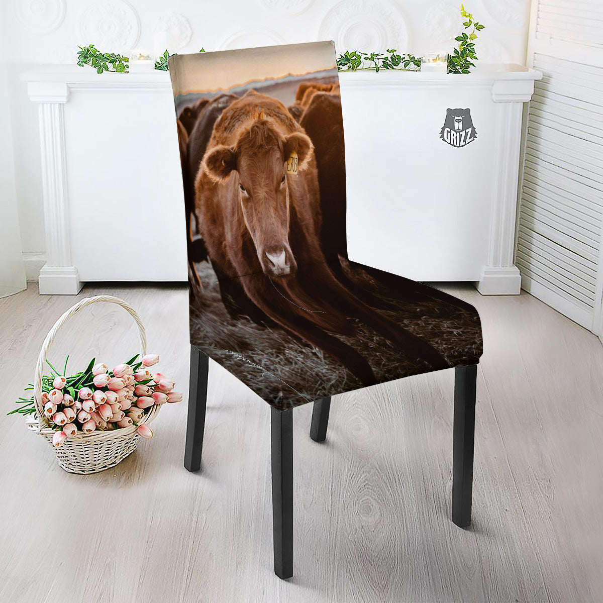 Cow Brown Print Dining Chair Slipcover-grizzshop