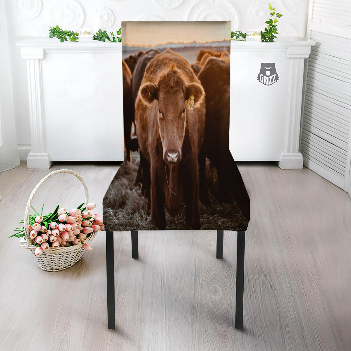 Cow Brown Print Dining Chair Slipcover-grizzshop