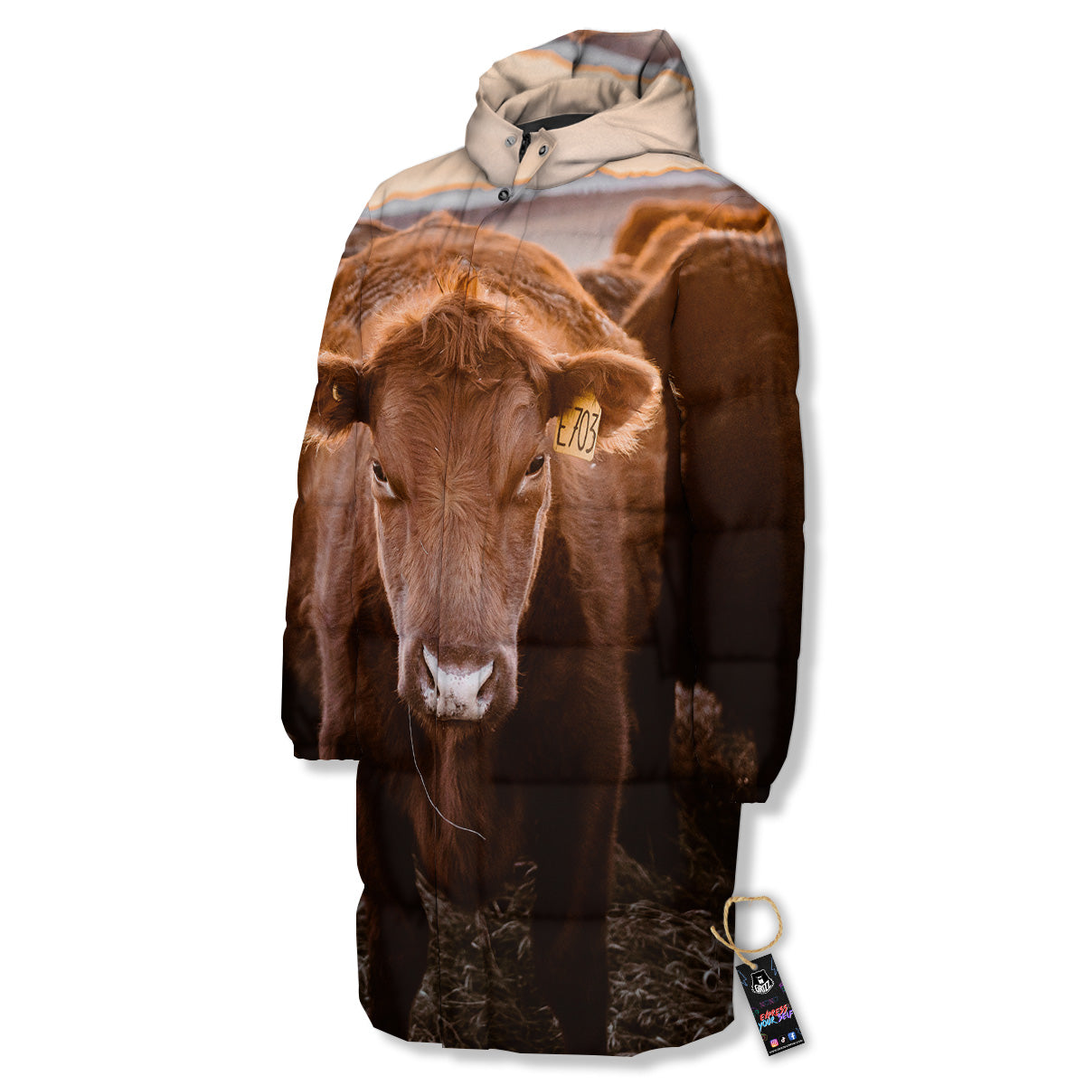 Cow Brown Print Long Down Jacket-grizzshop