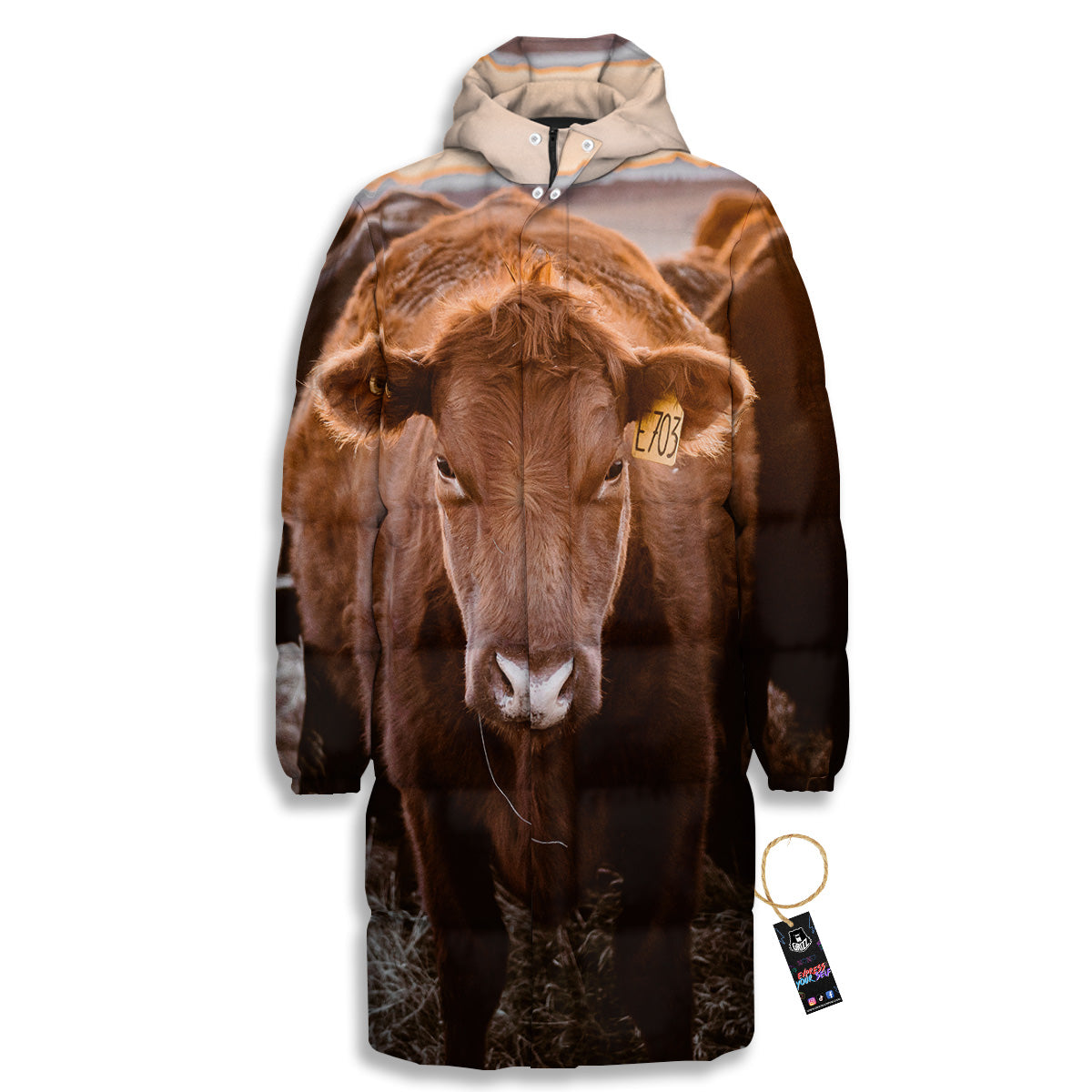 Cow Brown Print Long Down Jacket-grizzshop