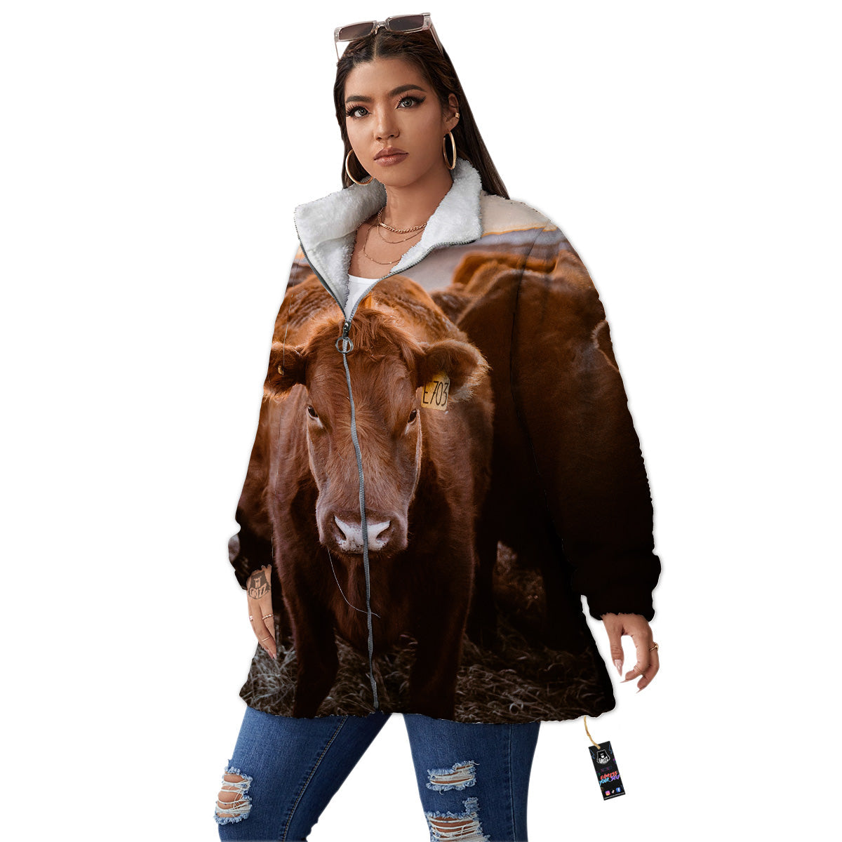Cow Brown Print Women's Sherpa Jacket-grizzshop