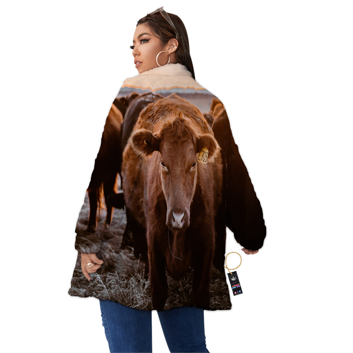 Cow Brown Print Women's Sherpa Jacket-grizzshop