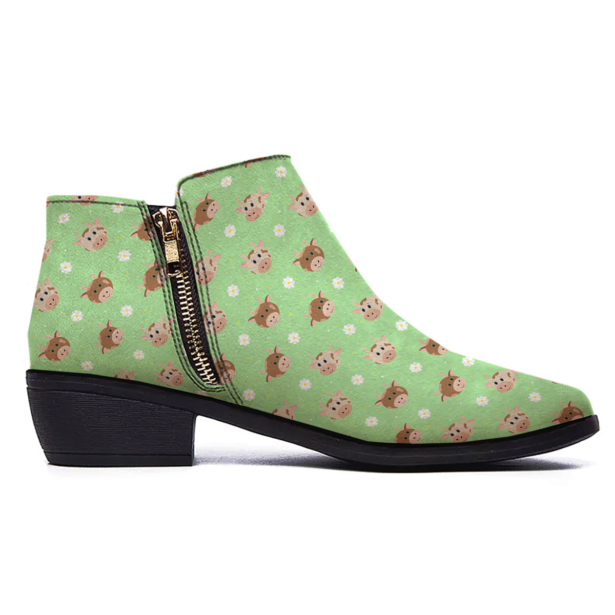 Cow Cartoon And Daisy Flower Print Ankle Boots-grizzshop