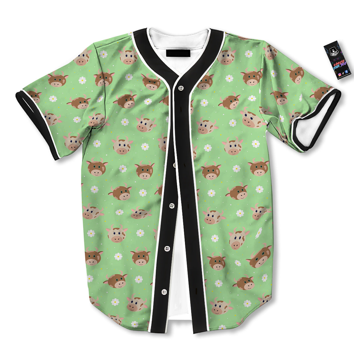 Cow Cartoon And Daisy Flower Print Baseball Jersey-grizzshop