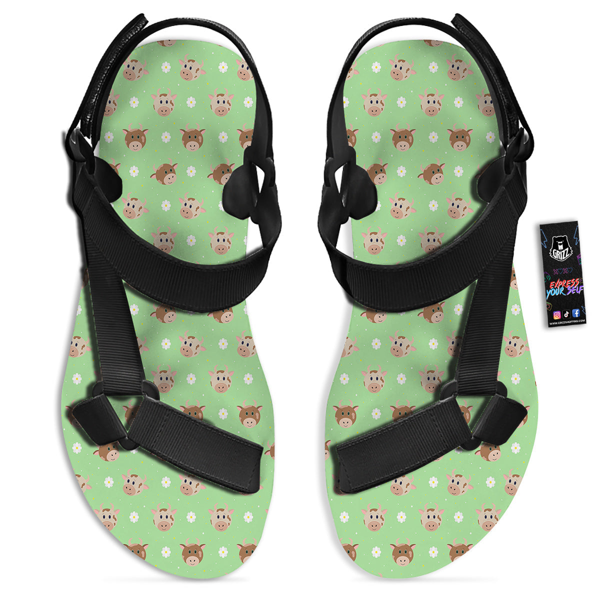 Cow Cartoon And Daisy Flower Print Black Open Toe Sandals-grizzshop