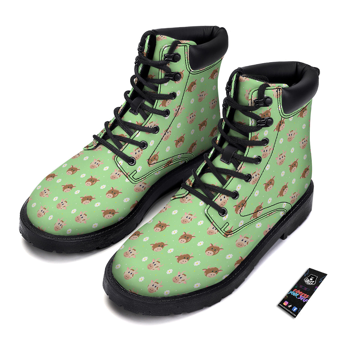 Cow Cartoon And Daisy Flower Print Boots-grizzshop