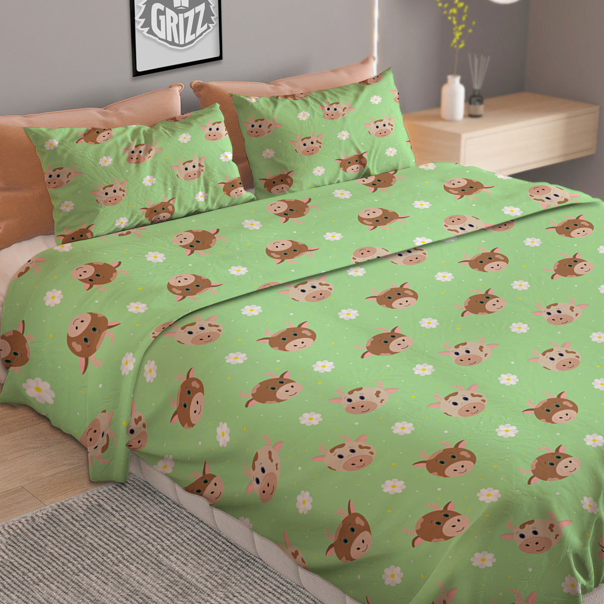 Cow Cartoon And Daisy Flower Print Duvet Cover Bedding Set-grizzshop
