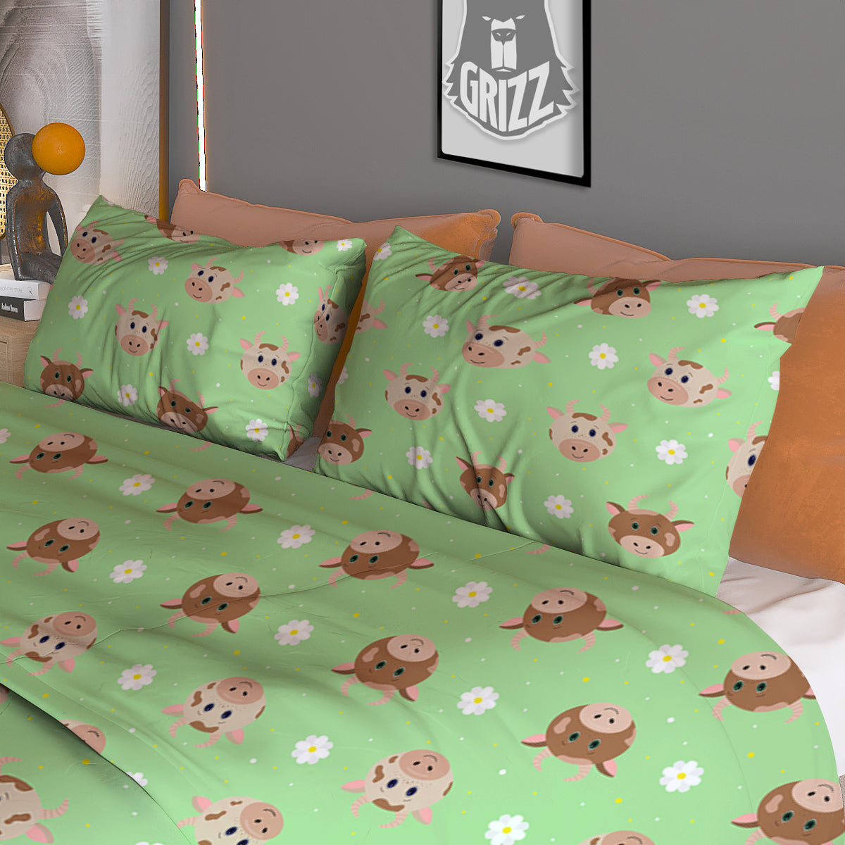 Cow Cartoon And Daisy Flower Print Duvet Cover Bedding Set-grizzshop