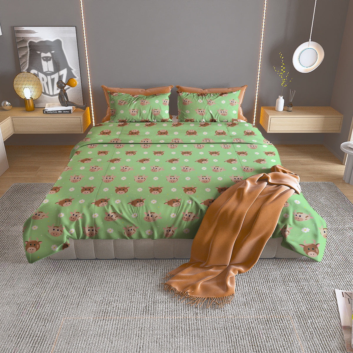 Cow Cartoon And Daisy Flower Print Duvet Cover Bedding Set-grizzshop