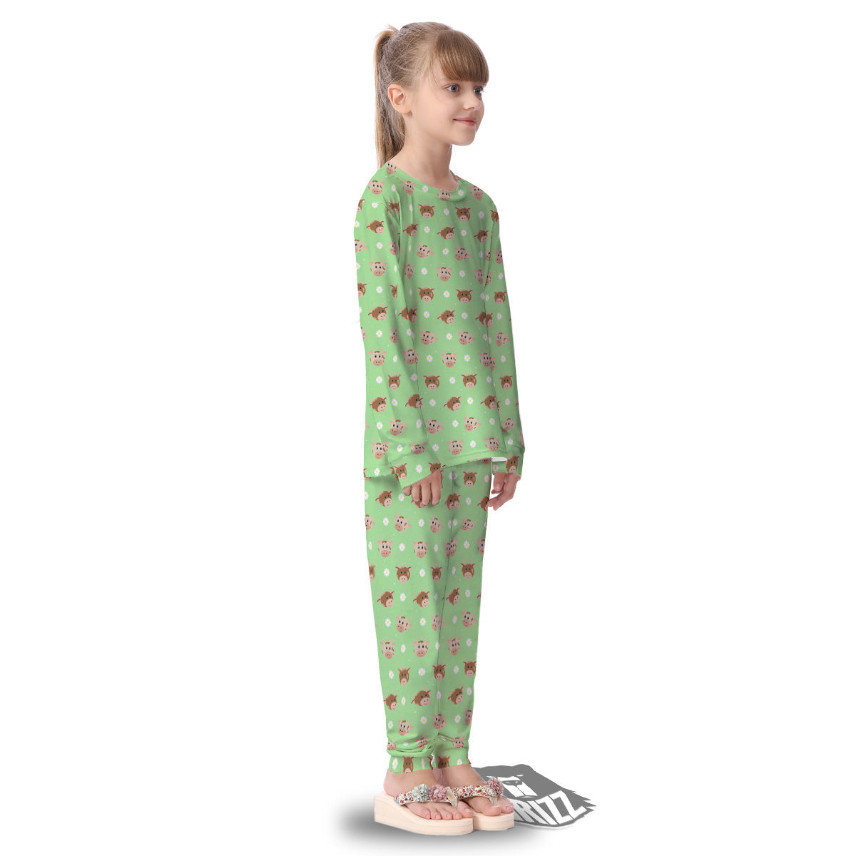 Cow Cartoon And Daisy Flower Print Kid's Pajamas-grizzshop