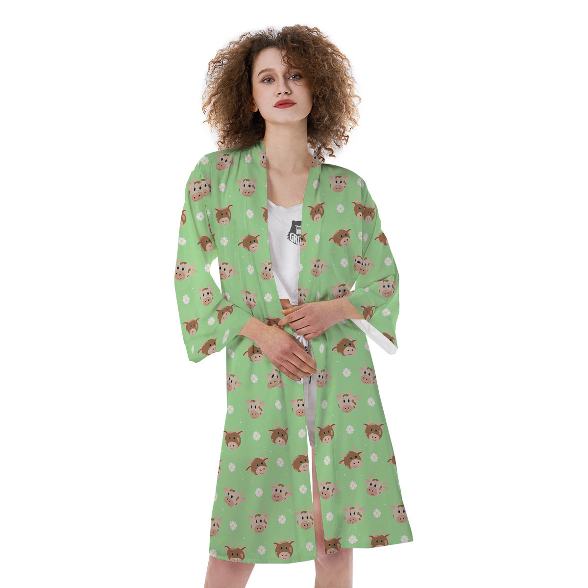 Cow Cartoon And Daisy Flower Print Kimono-grizzshop
