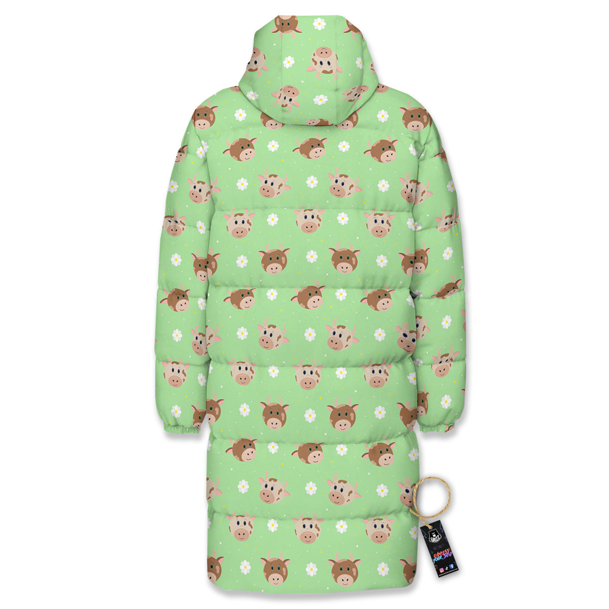 Cow Cartoon And Daisy Flower Print Long Down Jacket-grizzshop