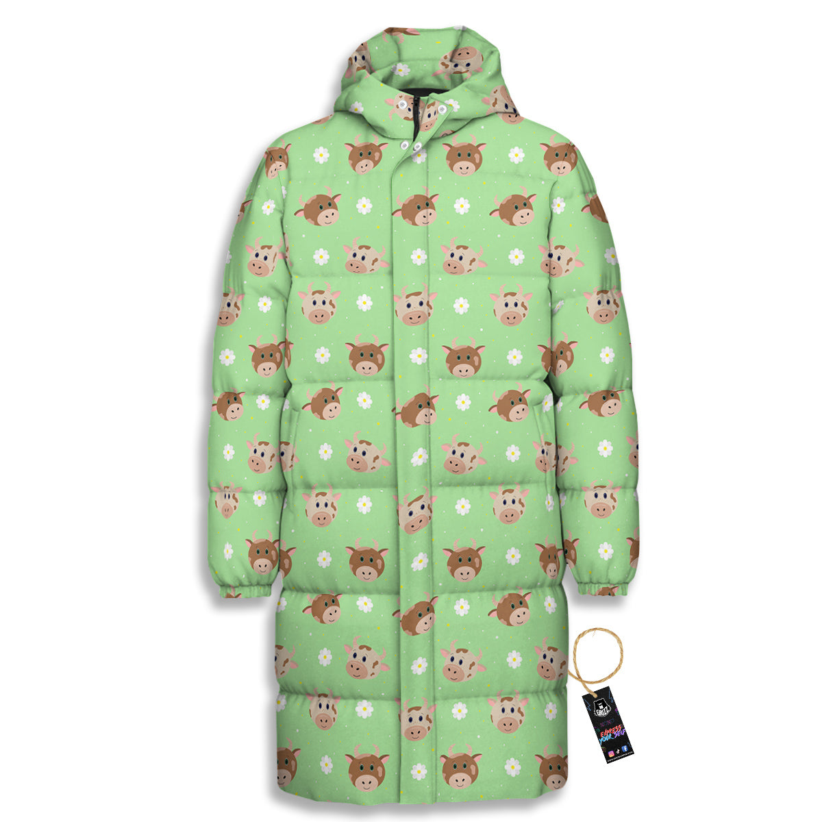 Cow Cartoon And Daisy Flower Print Long Down Jacket-grizzshop