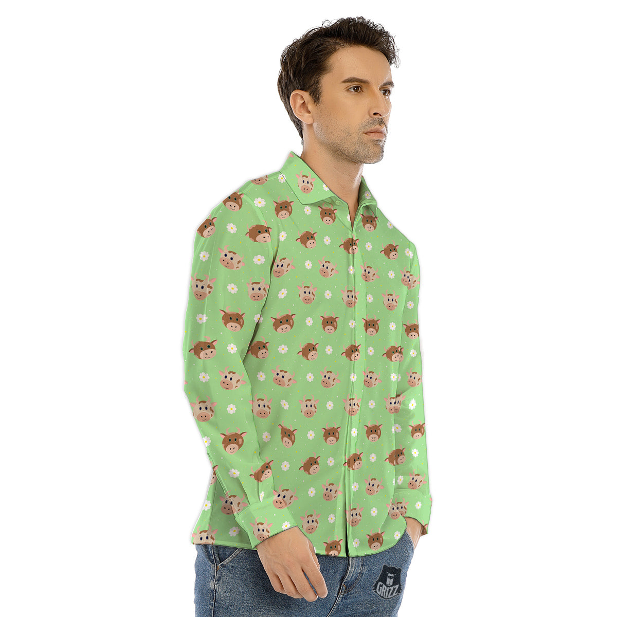 Cow Cartoon And Daisy Flower Print Men's Dress Shirts-grizzshop