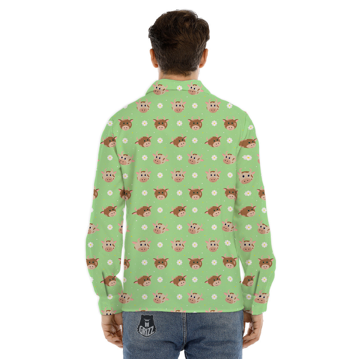 Cow Cartoon And Daisy Flower Print Men's Dress Shirts-grizzshop