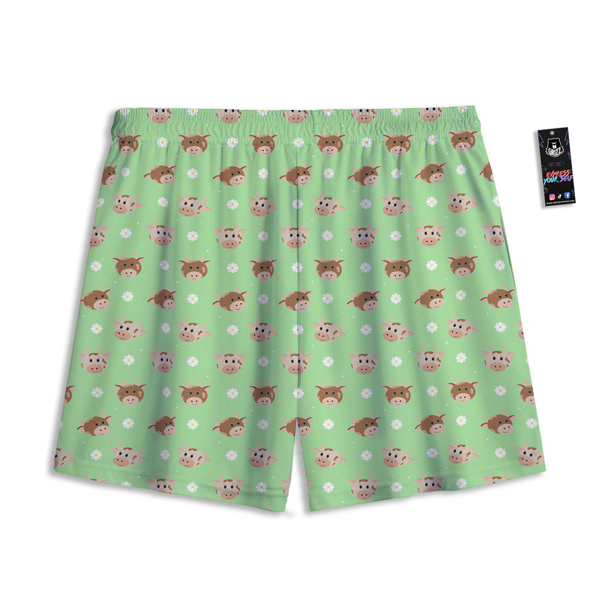 Cow Cartoon And Daisy Flower Print Mesh Shorts-grizzshop