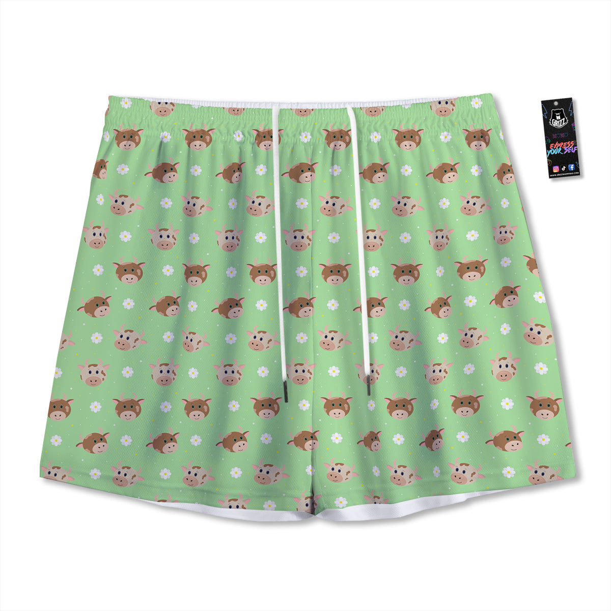Cow Cartoon And Daisy Flower Print Mesh Shorts-grizzshop
