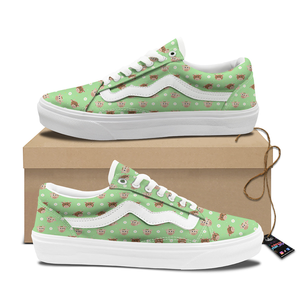 Cow Cartoon And Daisy Flower Print Skate Shoes-grizzshop