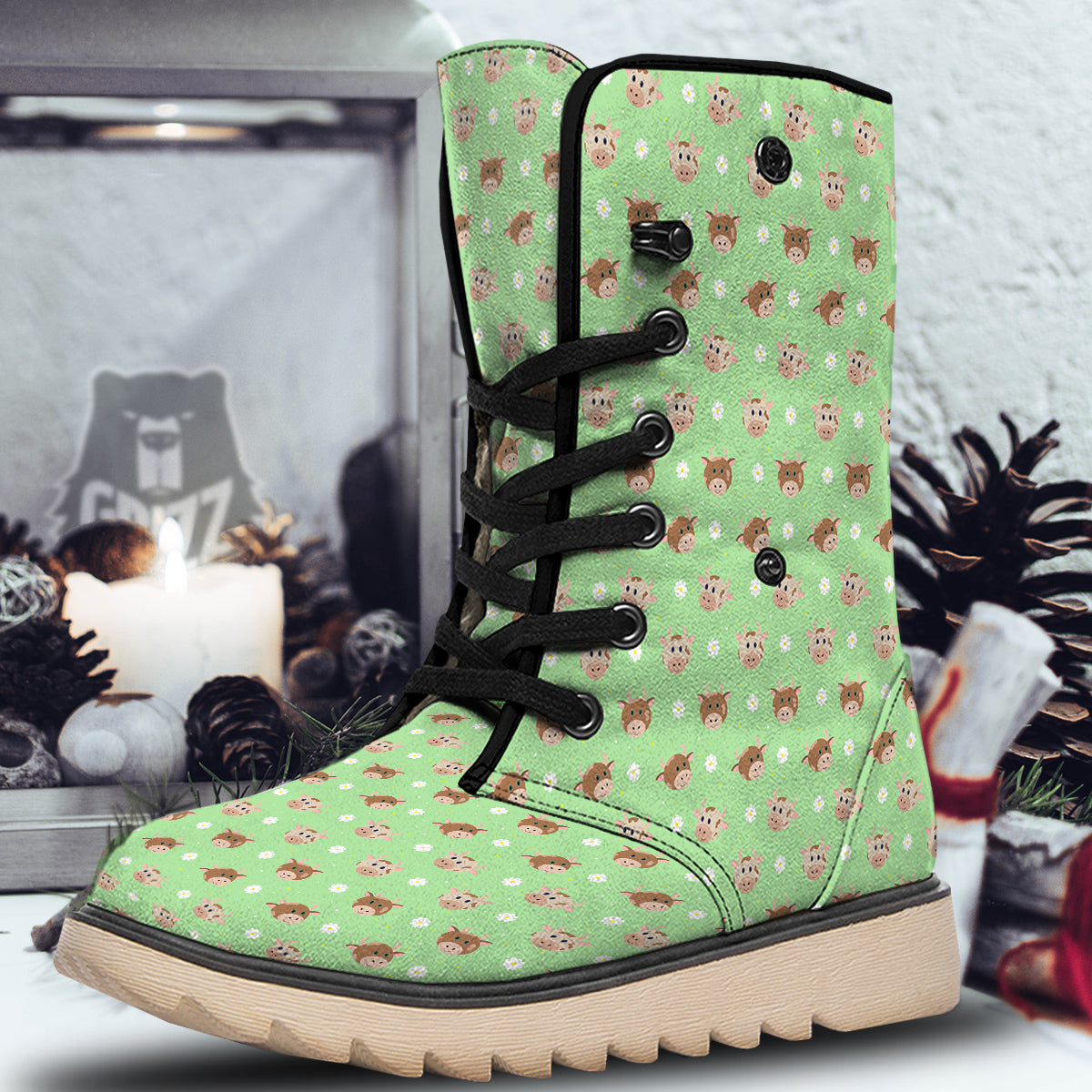 Cow Cartoon And Daisy Flower Print Snow Boots-grizzshop